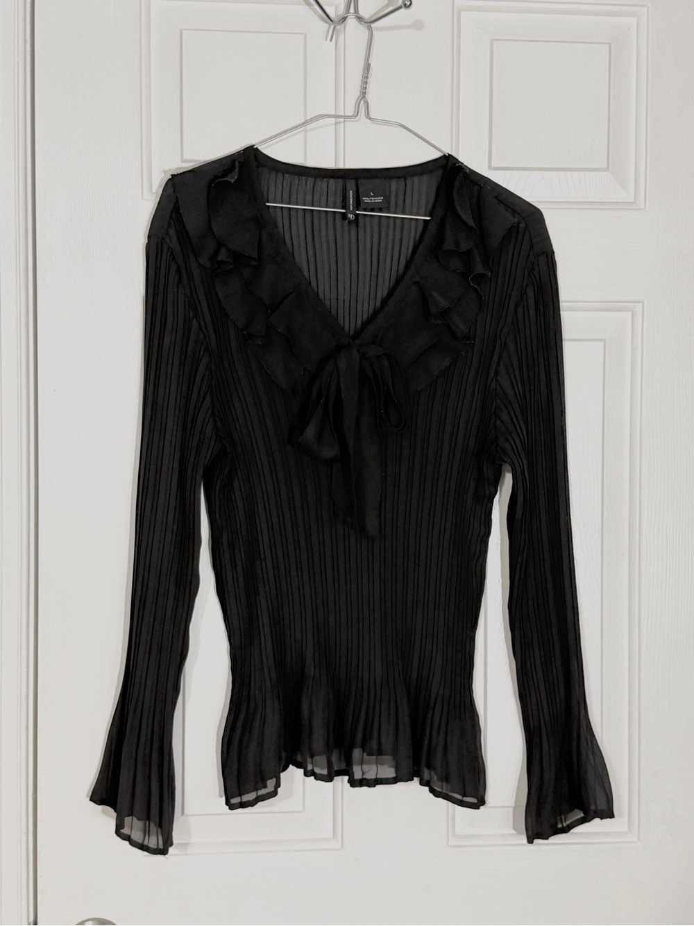 Black Sheer Ruffle Tie-Neck Long Sleeve Blouse Large